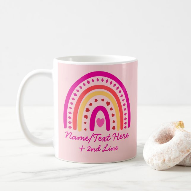 Ändra Rosan Lägg till Namn, Boho Rainbow Hearts Kaffemugg (Med munk)
