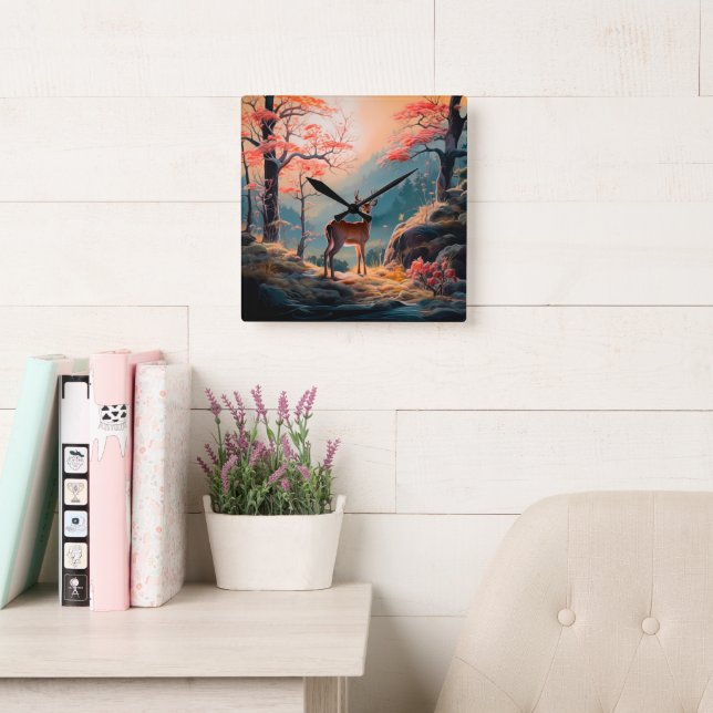 Ändra skogsscendesign för hösten Hjort Fyrkantig Klocka (Läsesal)