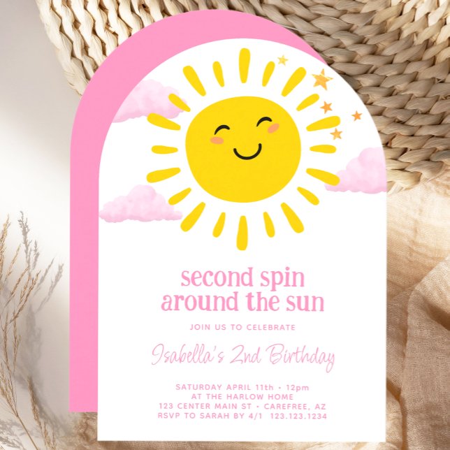Andra Snurren Runt Solen Rosa 2-års Födelsedag Inbjudningar (Skapare uppladdad)