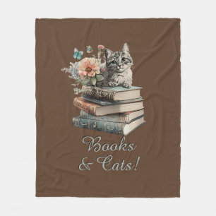 Ändra text, Bokar och katt, med blommor, på brun Fleecefilt