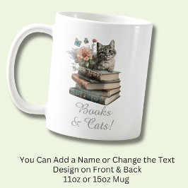 Ändra text, Bokar och katt, med blommor, på svart Kaffemugg