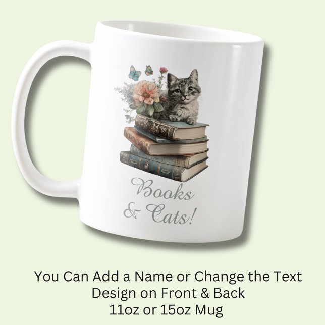 Ändra text, Bokar och katt, med blommor, på svart Kaffemugg (Skapare uppladdad)