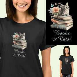 Ändra text, Bokar och katt, med blommor, på svart T Shirt