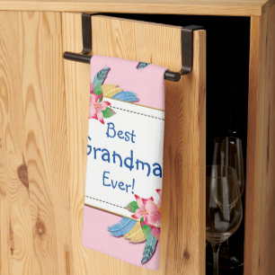 Ändra text Lägg till Namn Boho Flower Feathers Gra Kökshandduk