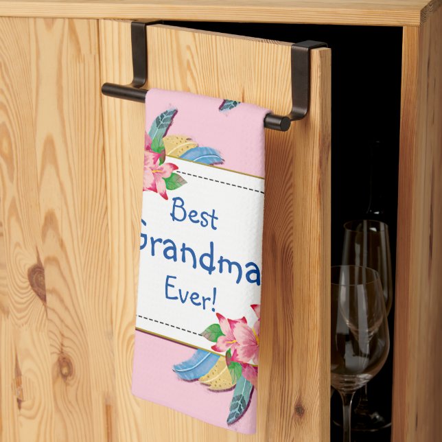 Ändra text Lägg till Namn Boho Flower Feathers Gra Kökshandduk (Thirds Fold)