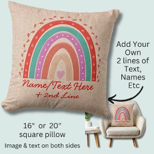 Ändra text Lägg till Namn Boho Rainbow Heart Aqua Kudde