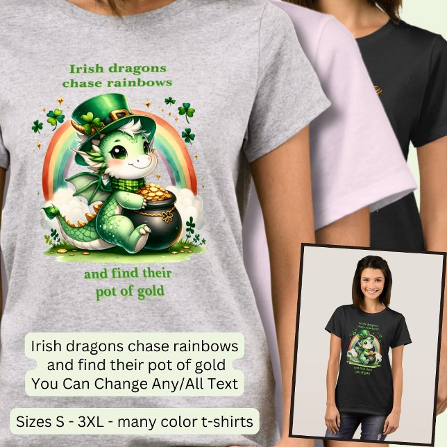 Ändra text, St Patricks Dragon Rainbow Pot Guld T Shirt (Skapare uppladdad)