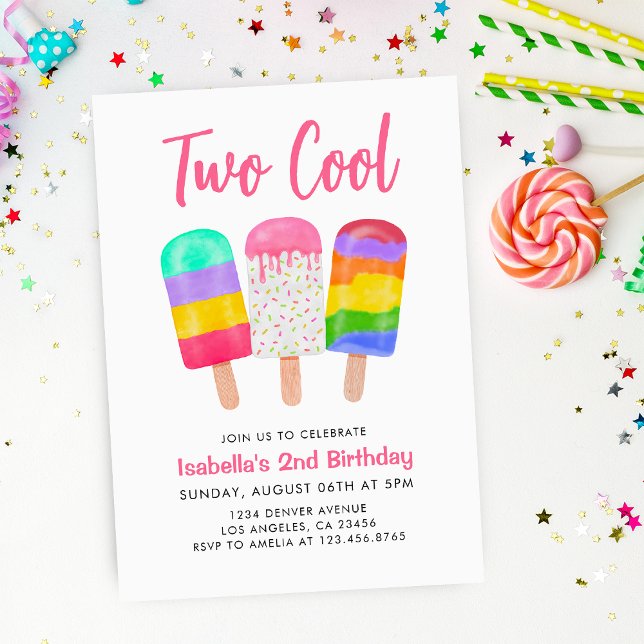 Andra två Coolor: Svettfärgad ispops Girl Birthday Inbjudningar (2nd Two Cool Sweet Colorful Ice Pops Girl Birthday Invitation
)