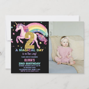 Andra Unicorn Birthday-inbjudan, svart foto Inbjudningar