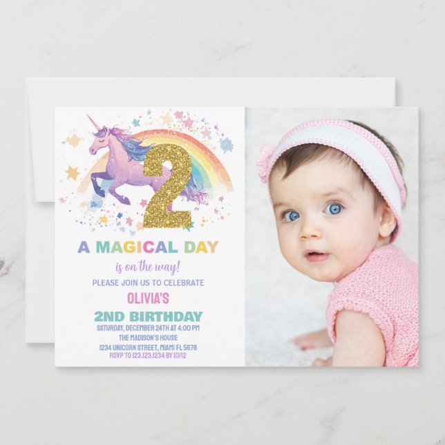 Andra Unicorn Birthday-inbjudningar med foto Inbjudningar (Framsida)