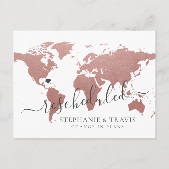 Ändrade planer uppskjuten destination bröllop meddelande vykort (Framsida)
