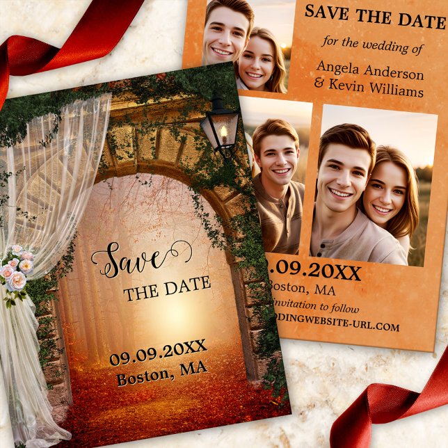 Ändrat skogfoto Spara datum Meddelande (Photo Save the Date card featuring a Roman arch with lantern leading to an enchanted forest)