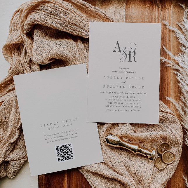 ANDREA Beige QR-kod Klassisk Elegant Bröllop Inbjudningar (ANDREA Beige QR Code Classic Elegant Wedding Invitation)