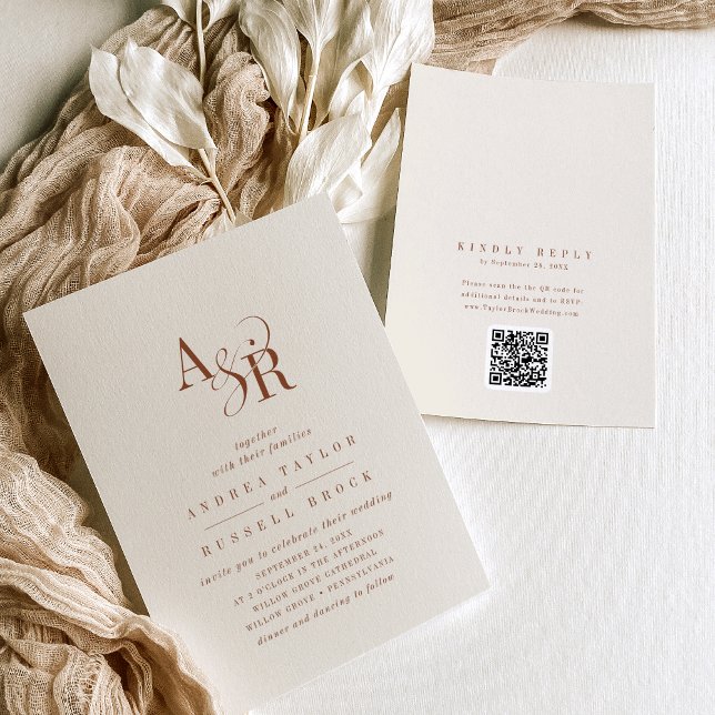 ANDREA Boho Crème QR-kod Klassisk Elegant Bröllop Inbjudningar (ANDREA Boho Cream QR Code Classic Elegant Wedding Invitation)