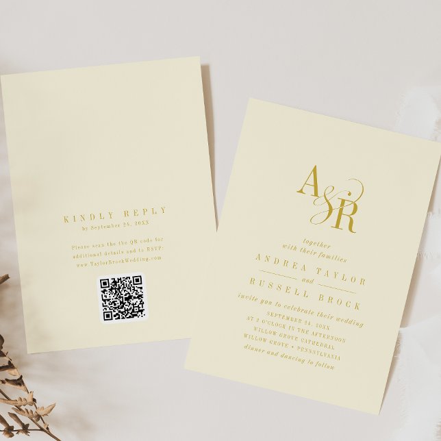 ANDREA Butter Yellow QR Code Elegant Wedding Inbjudningar (ANDREA Butter Yellow QR Code Elegant Wedding Invitation)
