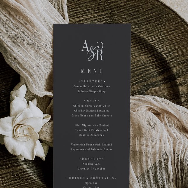 ANDREA Classic Grått Mörk Academia Monogram Bröllo Meny (ANDREA Classic Gray Dark Academia Monogram Wedding Menu)