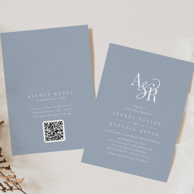 ANDREA Dammtor Blue QR-kod Klassisk Elegant Bröllo Inbjudningar (ANDREA Dusty Blue QR Code Classic Elegant Wedding Invitation)