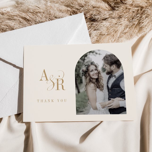 ANDREA Flat Minimal Guld Cream Boho Photo Bröllop Tack Kort (ANDREA Flat Minimal Gold Cream Boho Photo Wedding Thank You Card)