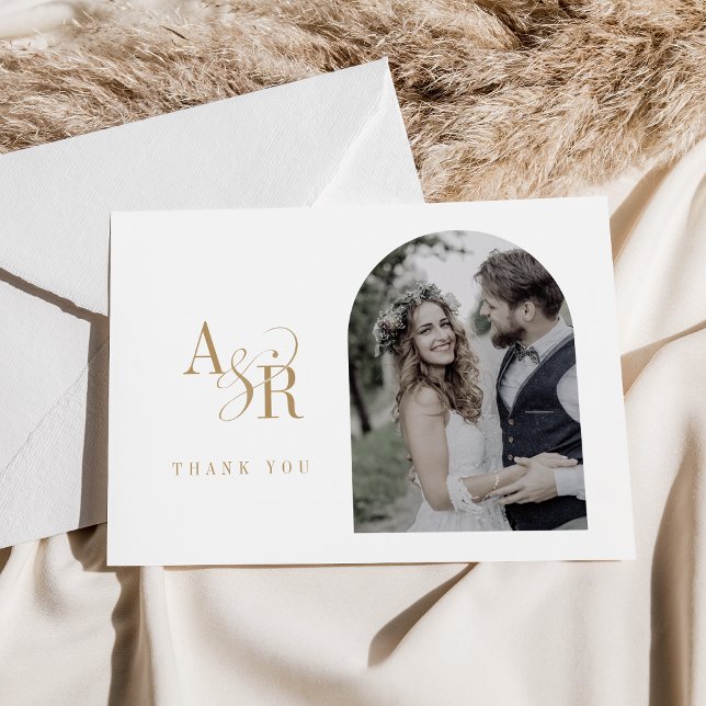 ANDREA Flat Simple Guld Boho Minimal Photo Bröllop Tack Kort (ANDREA Flat Simple Gold Boho Minimal Photo Wedding Thank You Card)