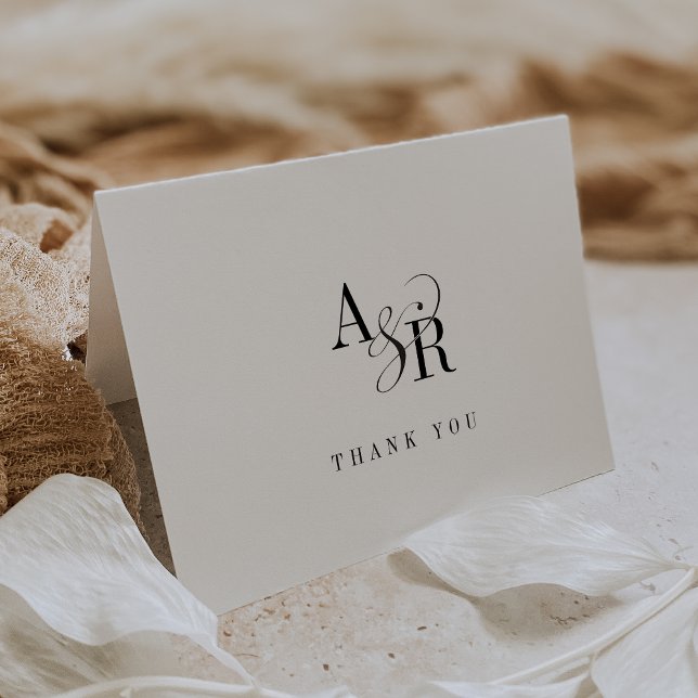 ANDREA Foldigt White Black Monogram Formal Bröllop Tack Kort (ANDREA Folded White Black Monogram Formal Wedding Thank You Card)