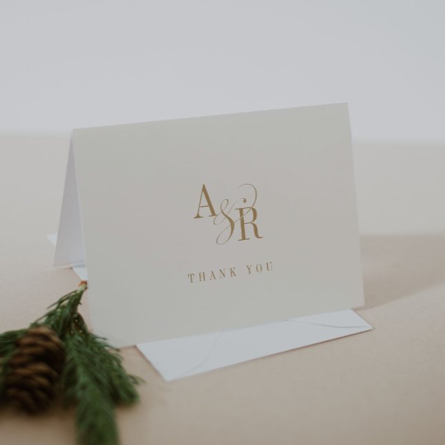 ANDREA, Guld Cream Modern Bröllop Tack Kort (ANDREA Folded Formal Gold Cream Modern Wedding Thank You Card)
