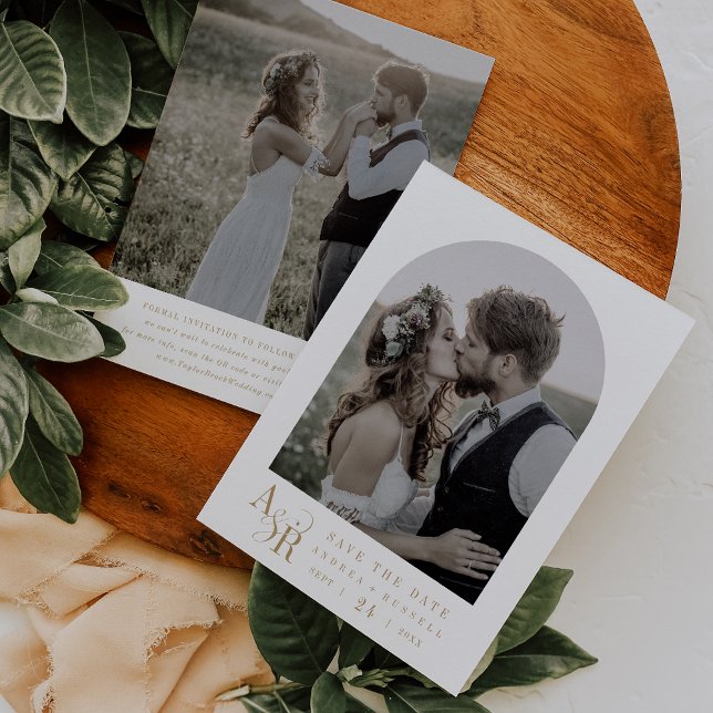 ANDREA Guld White Minimalist Boho Initialer Bröllo Spara Datumet (ANDREA Gold White Minimalist Boho Initials Wedding Save The Date)