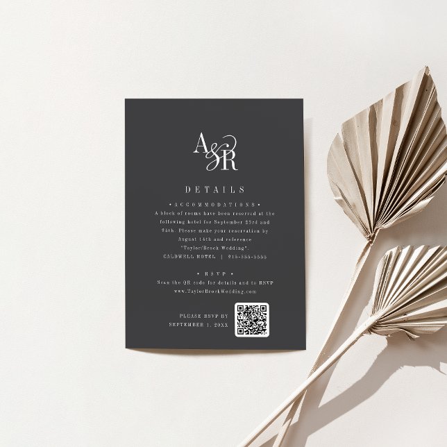 ANDREA Initialer Monogram Mörkgrå Bröllopsdetaljer Tilläggskort (ANDREA Initials Monogram Dark Gray Wedding Details Enclosure Card)