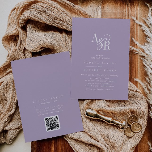 ANDREA Lavendel QR-kod Klassisk Elegant Bröllop Inbjudningar (ANDREA Lavender QR Code Classic Elegant Wedding Invitation)