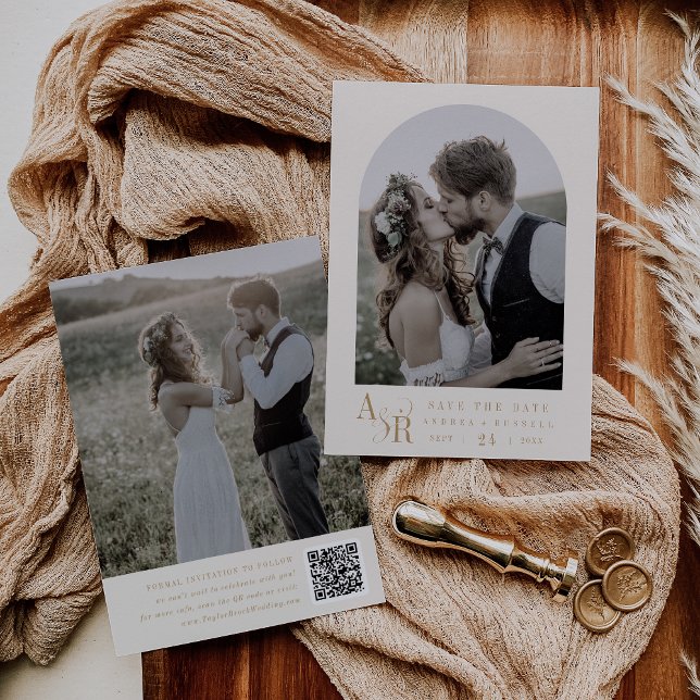 ANDREA Modern Guld Cream Minimum Simal Bröllop Spara Datumet (ANDREA Modern Gold Cream Minimal Simple Wedding Save The Date)