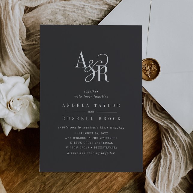 ANDREA Monogram Classic Mörk Grått Moody Bröllop Inbjudningar (ANDREA Monogram Classic Dark Gray Moody Wedding Invitation)