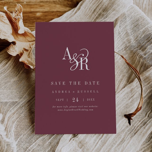 ANDREA Monogram Enkel Burgunder Minimal Bröllop Spara Datumet (ANDREA Monogram Simple Burgundy Minimal Wedding Save The Date)