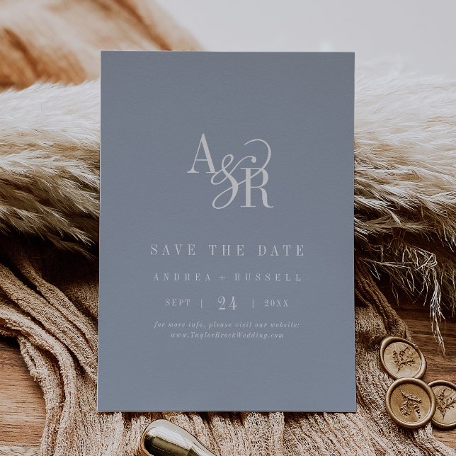 ANDREA Monogram Simple Dusty Blue Minimal Wedding Spara Datumet (ANDREA Monogram Simple Dusty Blue Minimal Wedding Save The Date)