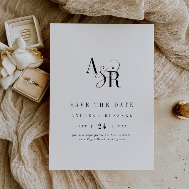 ANDREA Monogram Simple Modern White Black Bröllop Spara Datumet (ANDREA Monogram Simple Modern White Black Wedding Save The Date)