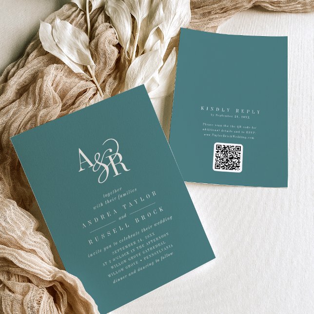 ANDREA Mörk Teal QR-kod Klassisk Elegant Bröllop Inbjudningar (ANDREA Dark Teal QR Code Classic Elegant Wedding Invitation)