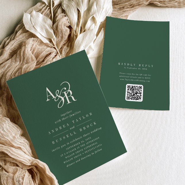 ANDREA Mörkgrön QR-kod Klassisk Elegant Bröllop Inbjudningar (ANDREA Dark Green QR Code Classic Elegant Wedding Invitation)