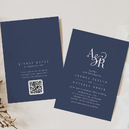 ANDREA Navy Blue QR Code Classic Elegant Wedding Inbjudningar