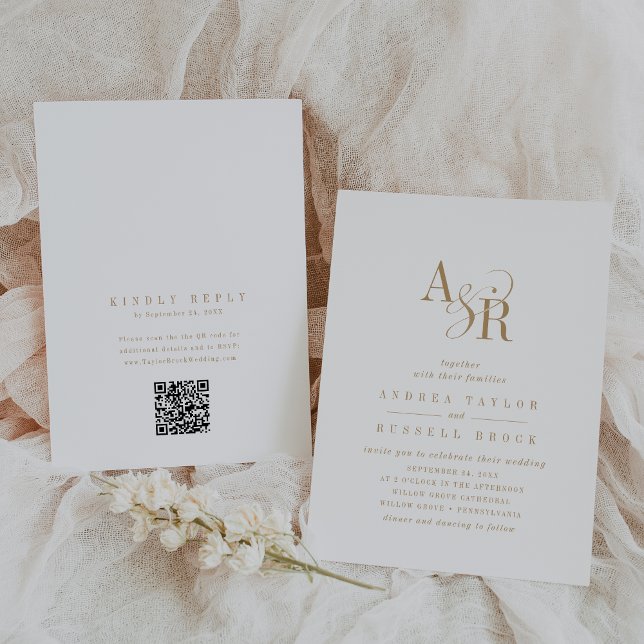ANDREA QR Code Classic Guld White Initialer Bröllo Inbjudningar (ANDREA QR Code Classic Gold White Initials Wedding Invitation)