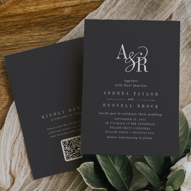 ANDREA QR Code Grått Mörk Academia Initialer Bröll Inbjudningar (ANDREA QR Code Gray Dark Academia Initials Wedding Invitation)