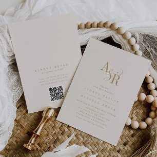 ANDREA QR Code Vintage Guld Cream Modern Bröllop Inbjudningar