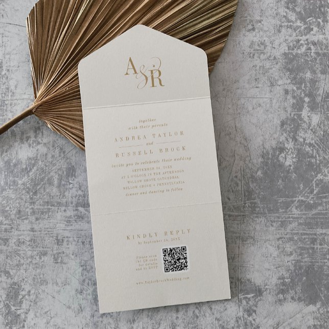 ANDREA QR Formell Modern Guld Cream Bröllop (ANDREA QR Code Formal Modern Gold Cream Wedding All In One Invitation)
