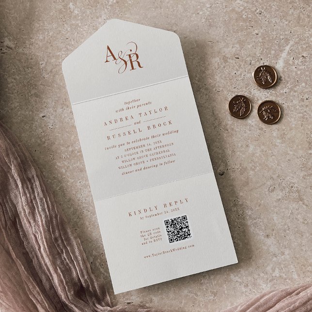 ANDREA QR-kod Boho Crème Enkel Minimal Bröllop (ANDREA QR Code Boho Cream Simple Minimal Wedding All In One Invitation)