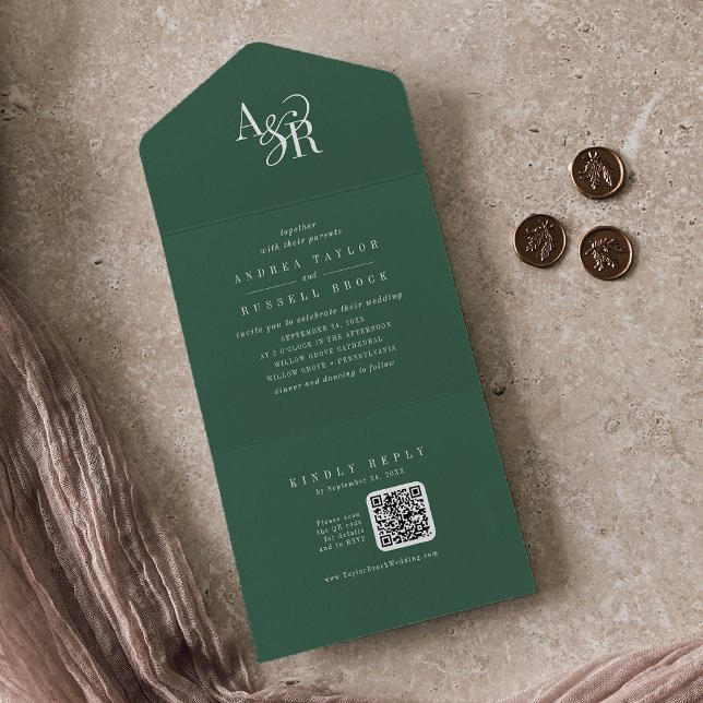 ANDREA QR-kod Mörkgrön Enkel Minimal Bröllop (ANDREA QR Code Dark Green Simple Minimal Wedding All In One Invitation)