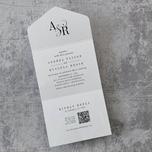 ANDREA QR kod White Black Simple Minimal Bröllop (ANDREA QR Code White Black Simple Minimal Wedding All In One Invitation)