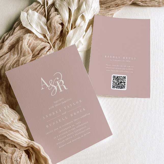 ANDREA Röslätt Rosa QR-kod Klassisk Elegant Bröllo Inbjudningar (ANDREA Blush Pink QR Code Classic Elegant Wedding Invitation)