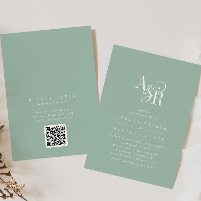 ANDREA Sage Green QR-kod Klassisk Elegant Bröllop Inbjudningar (ANDREA Sage Green QR Code Classic Elegant Wedding Invitation)