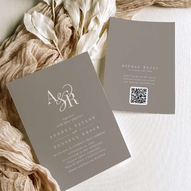 ANDREA Taupe QR-kod Klassisk Elegant Bröllop Inbjudningar (ANDREA Taupe QR Code Classic Elegant Wedding Invitation)