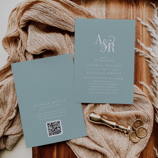 ANDREA Tealblå QR-kod Klassisk Elegant Bröllop Inbjudningar (ANDREA Teal Blue QR Code Classic Elegant Wedding Invitation)