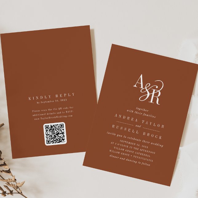 ANDREA Terracotta QR Code Boho Elegant Wedding Inbjudningar (ANDREA Terracotta QR Code Boho Elegant Wedding Invitation)