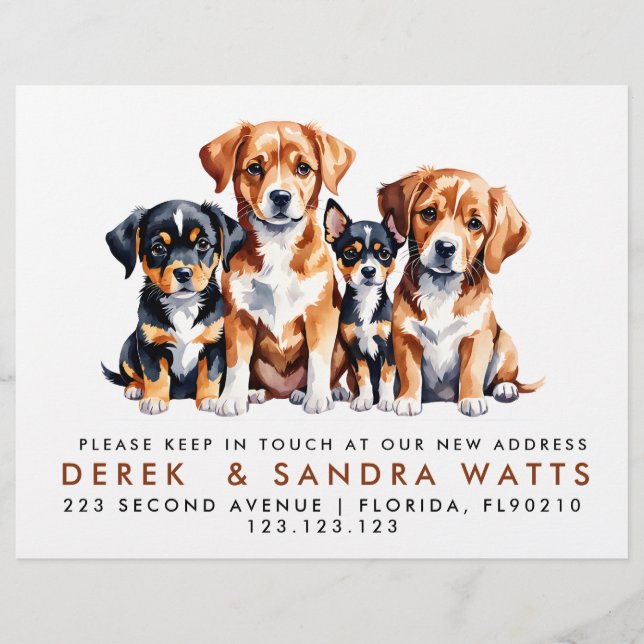 ändring av adress vi har flyttat meddelande hundar reklamblad (Framsidan)