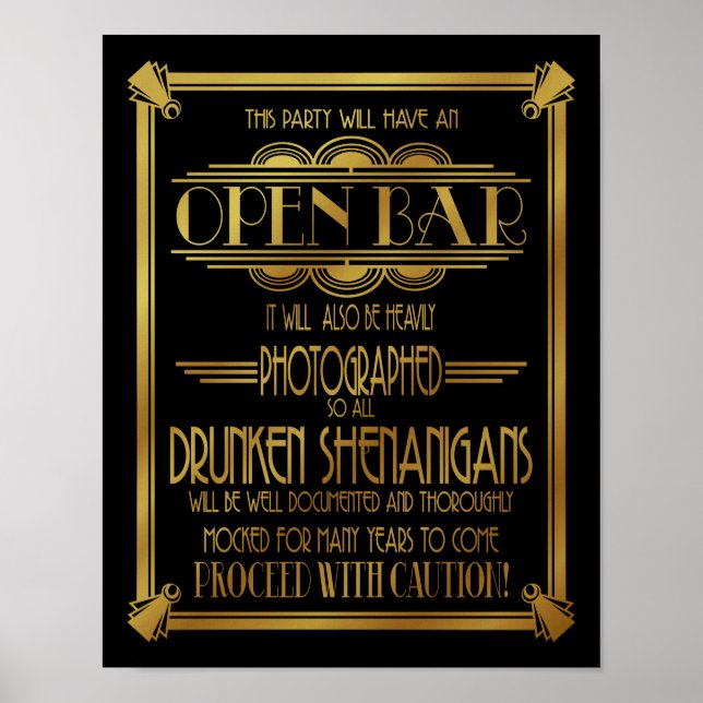 Ändring av Art Deco Open Pub Guld B/G färg Poster (Framsidan)